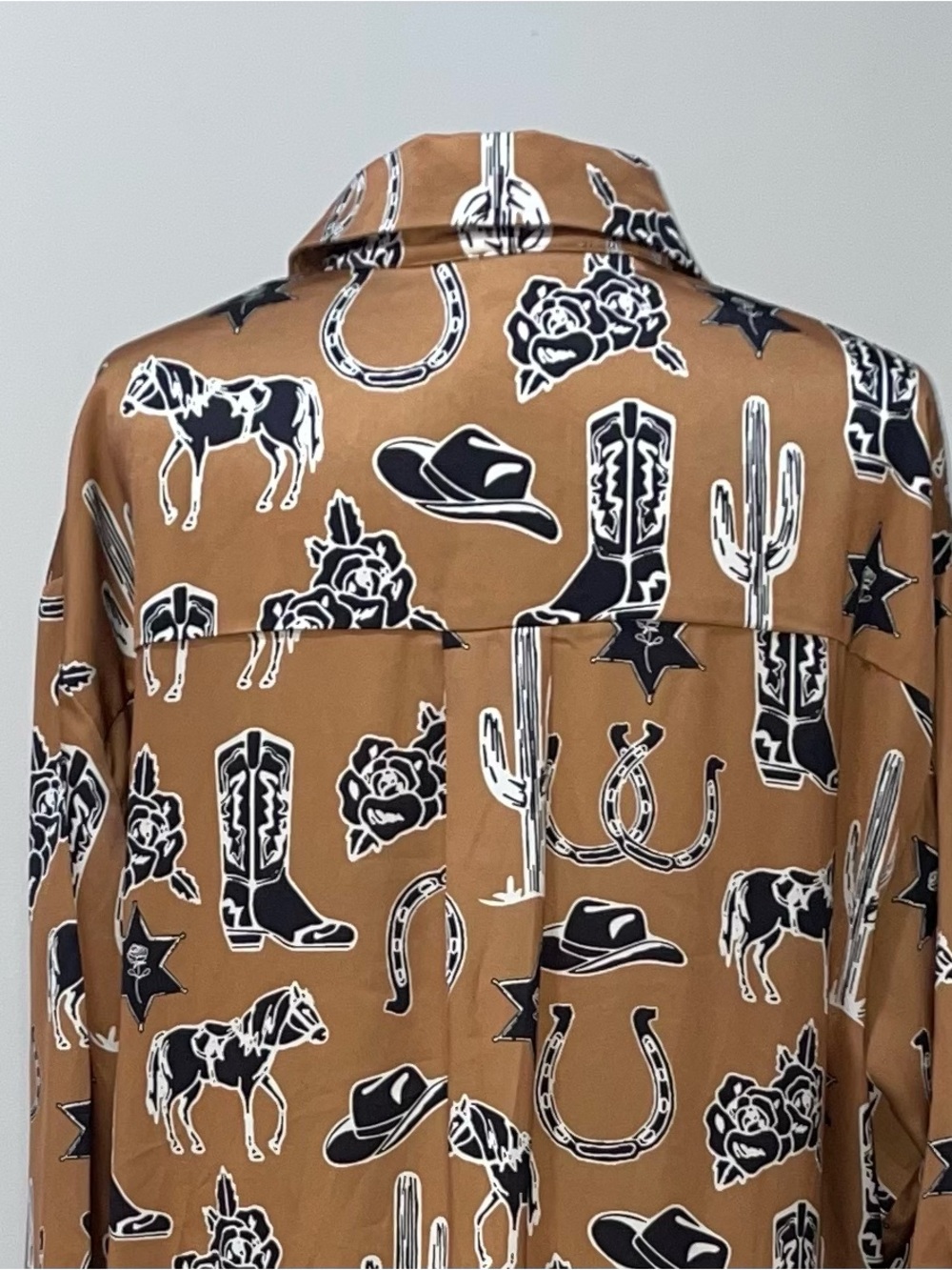 Western Shirt Dress Camel Toffee Brown Country Horse Rodeo Horseshoe Cowgirl - Picture 8 of 14